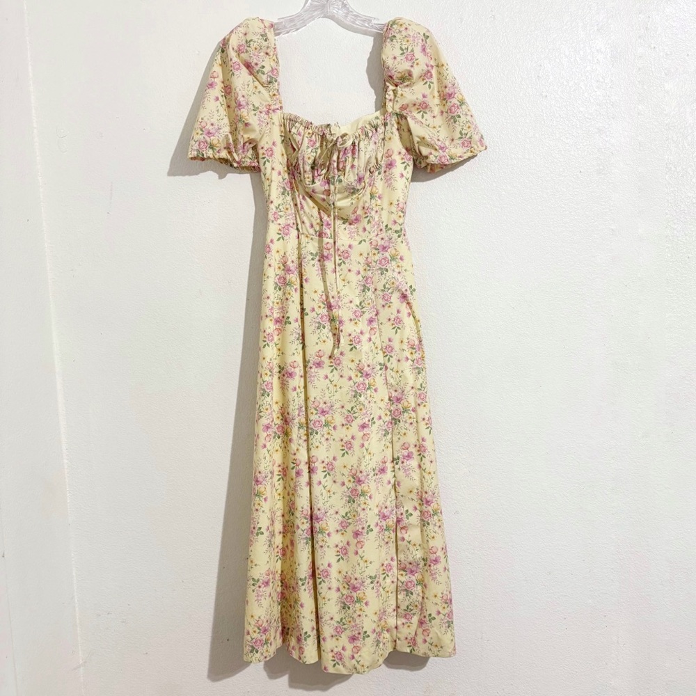 House of CB Tallulah Puff Sleeve Corset Midi Sundress in Lemon Floral - Picture 8 of 14